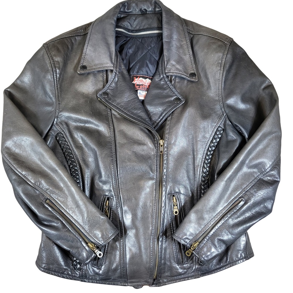 Vintage Hillside Leather Jacket Motorcycle Braided Trim Black Made in USA - M‎